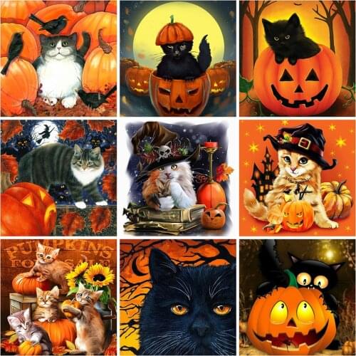 EverShine 5D Diamond Painting Halloween Full Drill Square Diamond Embroidery Cat Mosaic Rhinestone New Arrival Scenic Home Decor
