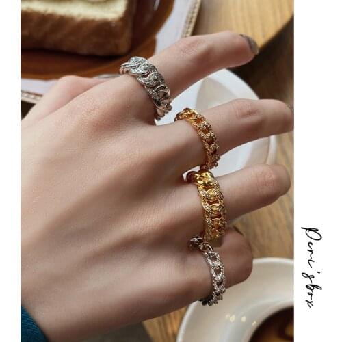 PerisBox Dainty Cuban Link Chain Ring Female Gold Color Thin Thick Chains Opening Stackable Rings with Zircon