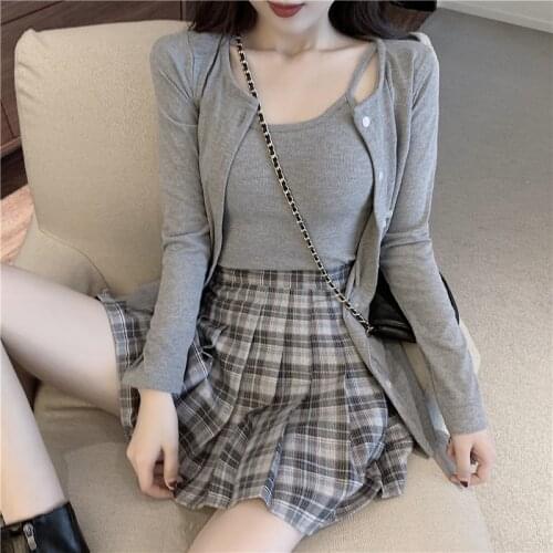Hi Girl Women 3pcs Set Spring Long Sleeve Open Stitch + basic spaghetti + mini Plaids Pleated skirt Preppy style suit outfit