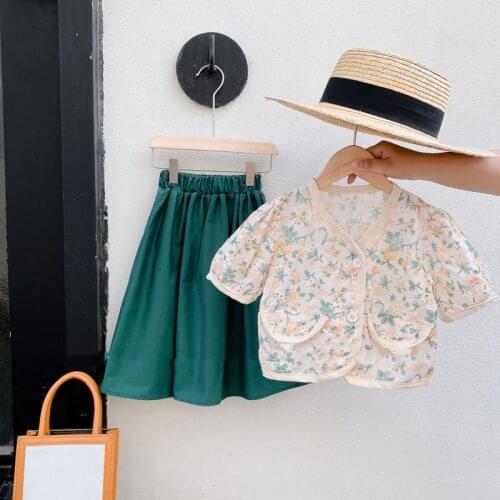 Summer New Style Korean Girl Suit Japanese Chinese Style Floral Cute Blouse And Skirt Two-Piece Suit Baby Kids Children Clothing