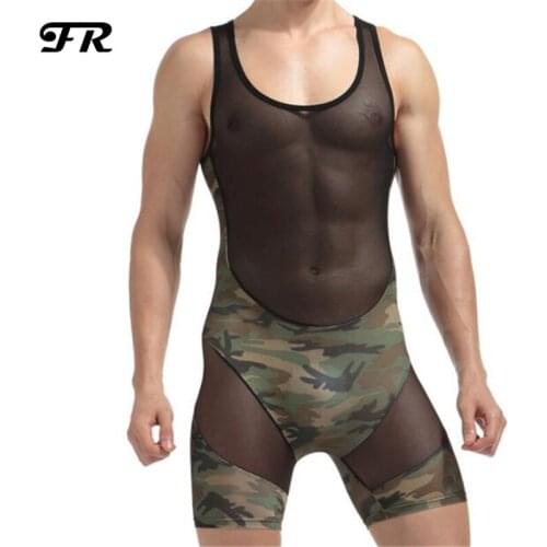 FR New Mens Camouflage Patchwork Underwear,High Waist Mens Bodysuits,Mens Suspender Jockstrap Wrestling Singlet Underwear