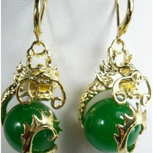 Fancy 12mm green jade dragon earrings