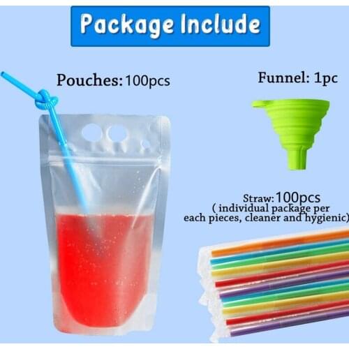 100Pcs 500Ml Drink Pouches Juice Beverage Bags Stand-Up Self-Sealing Candy Bag with Straws&Funnel for Cold & Hot Drinks