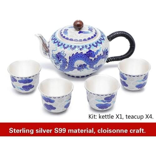 Cloisonne Longfeng Chengxiang Silver Tea Set Handmade Silver Enamel color Silver Pot Silver Cup Kungfu Tea set Collection