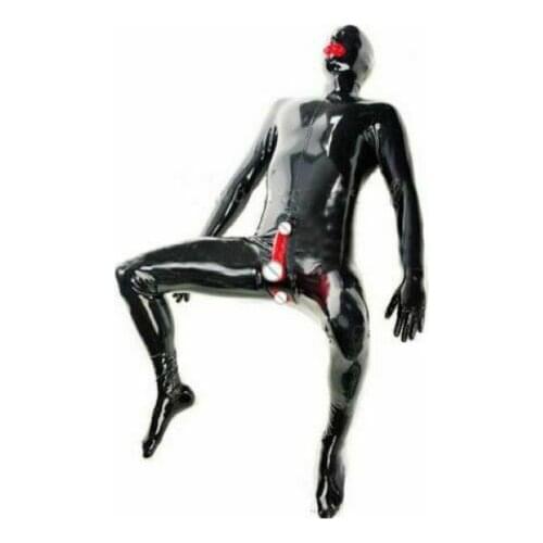Sexy Black Mens Latex Fetish Catsuit Penis Sheath Zip Hidden Condoms with Mask Gloves Socks