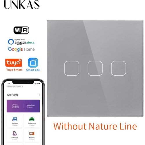 UNKAS Glass Panel 3 Gang EU&UK Universal Smart Home Phone Tuya Control Wireless Work with Alexa,Google Home Single Fire Line
