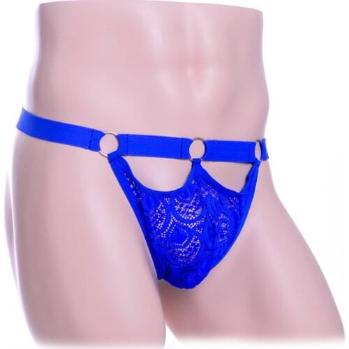 Mens Three Ring See Throngh Lace G-String Thongs Briefs Blue Sexy Underwear for Men