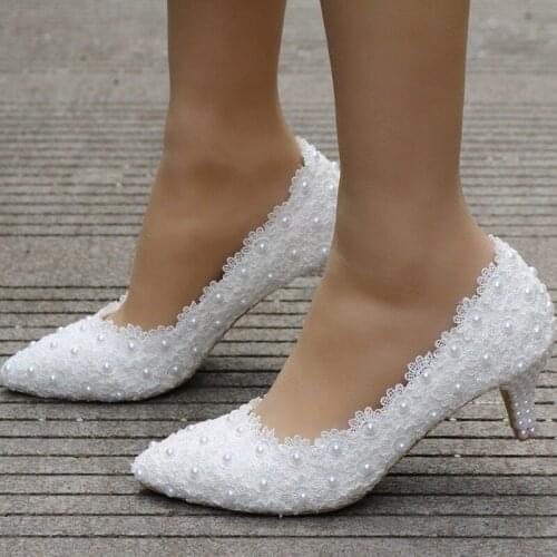 Sexy Pumps Wedding Women Fetish Shoes women pumps Party banquet Lace PU Rhinestones Slip On 5CM Thin High Heels Pointed Toe