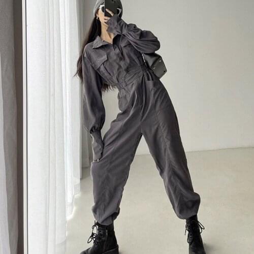 TVVOVVIN Spring Autumn Cool Girl Loose Straight Wide Leg Cargo Pants Long Sleeve Solid Jumpsuit Women 2021 Fashion Tops ZT3Z