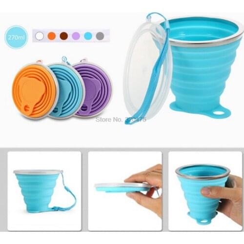 DHL 100pcs 270ML Travel Cup Stainless Steel Silicone Retractable Folding cups Telescopic Collapsible Coffee Cups