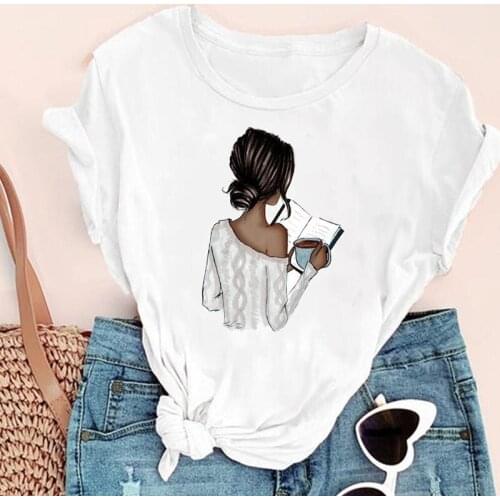 Women Cartoon Coffee Love Watercolor 90s Fashion Print Graphic Summer Short Sleeve Female Clothes Tops Tees Tshirt T-Shirt