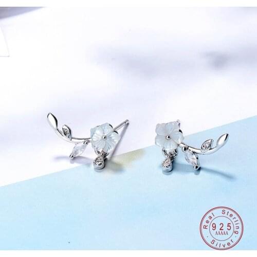 2019 Temperament Silver Color Arrival Natural Shell Flower Crystal Leaf Ear Stud Earrings For Girls Ear Jewelry Gifts