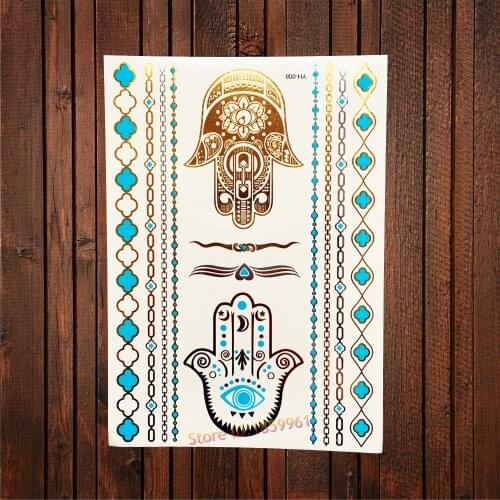 1PC Gold Flash Metallic Disposable Health Tattoo Eye Hand Hamsa Pattern AYH-008 Sexy Body Art Arm Sleeve Indian Totem Tattoo