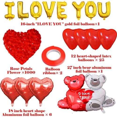 Behogar 36PCS Valentines Day Decorations with I LOVE YOU Heart Bear Balloon Petals Ribbon for Anniversary Engagement Party Decor