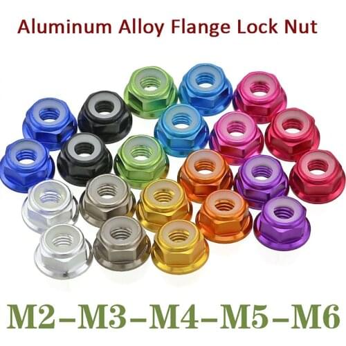 1pcs M2 M3 M4 M5 M6 High Quality Anodized Aluminum Alloy Nylon Insert Lock Nut Self-Locking Flanged Hex Nut 11 Colours