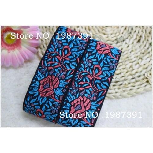 8yards/lots Woven Jacquard Ribbon 5.7cm black background blue red flowers pattern LS-4881