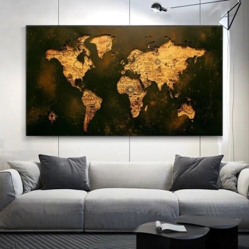Large Retro Map Golden World Map Poster and Print Cuadros Canvas Painting Wall Art for Living Room Home Decor