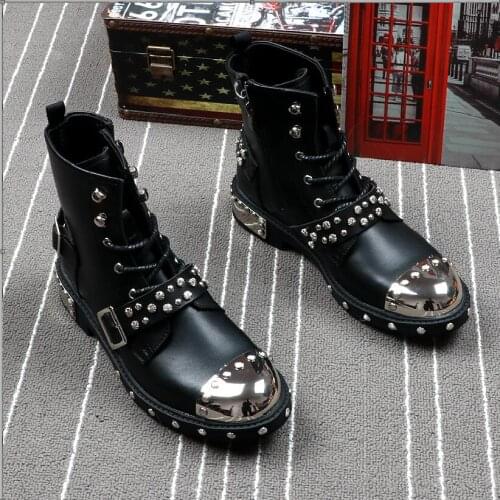 Brand Men Fashion Ankle Boots Luxury Brand Men Rivets Punk Boots Spring Autumn Men Metal Boots High Top Men Sneakers