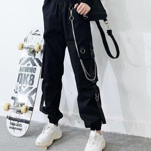 Cargo Pants Womens Overalls with Chain Spring Autumn Fashion Hip Hop Korean Student BF Black Casual Female Sweatpants Streetwear