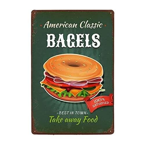 Fast Food Poster Bagels Burger Retro Signs Metal Vintage Plaque Pub Bar Home Decoration Restaurant Wall Panel