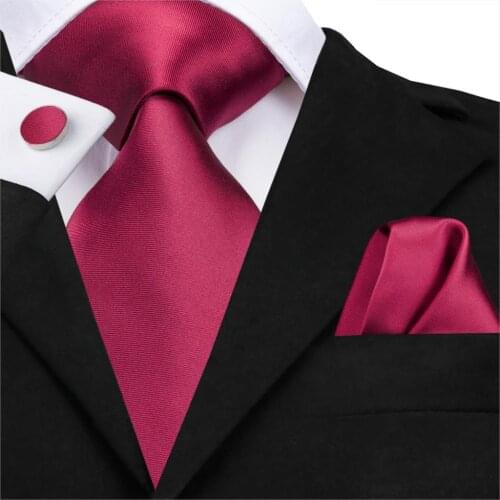 C-3120 Hi-Tie Plain Silk Men Tie Wine Red Solid Necktie Hanky Cufflinks Set Fashion Mens Classic Party Wedding Tie Set 8.5cm