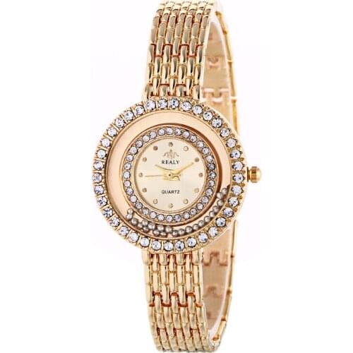 Gnova Platinium TOP Fashion Women Watch Golden Quartz Wristwatch Crystal Stainless Relogio Big Links Bracelet Geneva Style