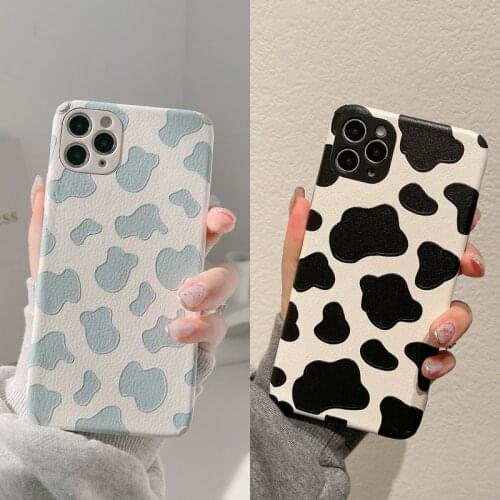 Cow Pattern PU Leather Texture Black Blue Phone Case for iPhone SE 2020 7 8 Plus X XR XS 11 12 Pro Max Soft Silicone Cover Coque