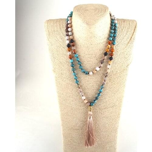 MD Fashion Yoga Jewelry 8mm 108pc Beaded Semi Precious Stones Long Knotted Buddha Charm Mala Necklace For Women Lariat Necklaces