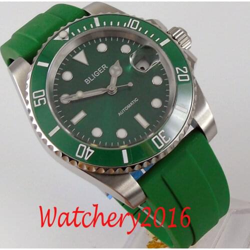 40mm Bliger Green Dial Luminous Rubber Ceramic Bezel Sapphire Glass NH35 Date Automatic Mens Watch
