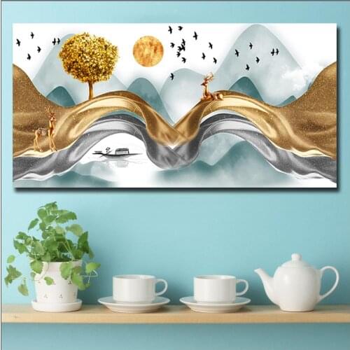 Wall Art Nordic Modern Poster Golden Abstract Mountain Bird Landscape Canvas Paintings For Living Room Home Decoration Unframed