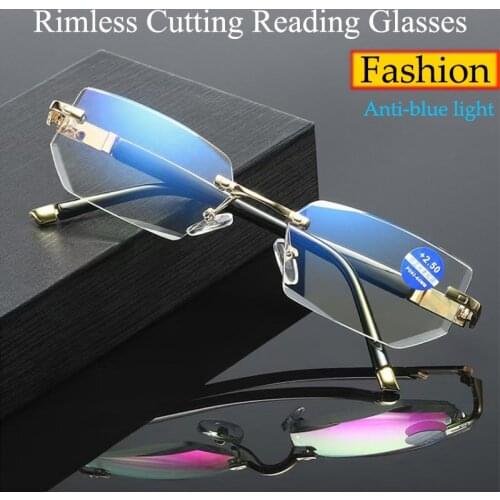 New Fashion Rimless Cutting Reading Glasses 2021 unisex Ultra-light Anti-blue light Readers Eyeglasses High-Grade Metal Frame