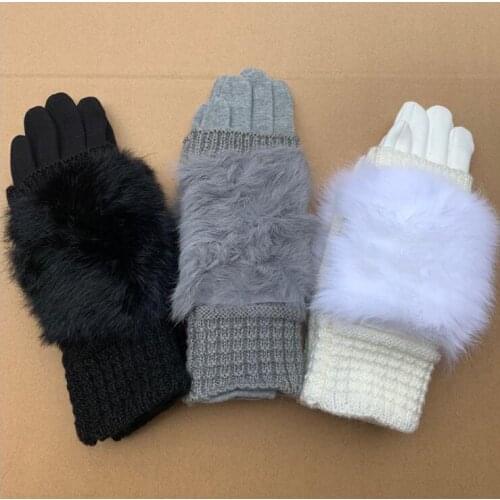 Autumn and winter ladies two-piece warm gloves fashion hand back rabbit fur style windproof and cold-proof fashion trendy gloves