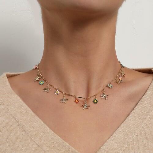 Alloy Starfish Colorful Flowers Pendants Necklace for Women 2021 Summer Fashion Jewelry Short Necklaces Clavicle Chain New