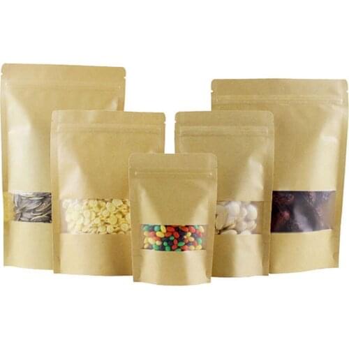 Big Size 50pcs One Side Clear Front Stand Up Pouches Snack Nuts Beans Packaging Bags Plastic Gift Bags Kraft Paper Ziplock Bags