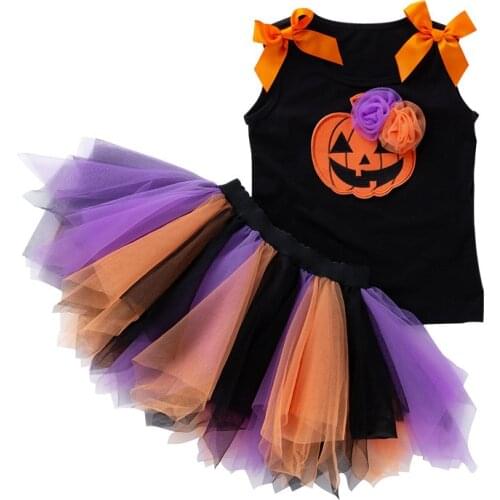 Halloween Baby Girls Casual Sleeveless pumpkin Vest T-shirt Tops+Colored lace Skirt cute Costume Set 2pcs