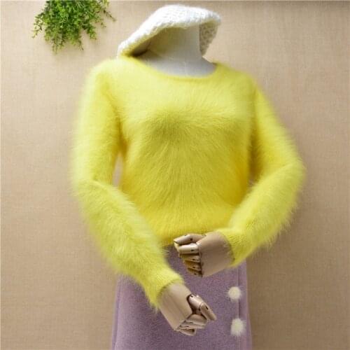 Elegant Fashion Fluffy Causal women winter real long mink cashmere knit angora fur warm long sleeves base Pullover sweater