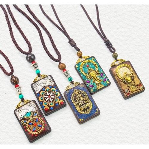 Retro Ebony Amulet Necklace Car Pendant Nepal Ethnic Style Sweater Chain Fortune Tree Elephant Thangka Aesthetic Room Decor