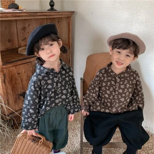 9157 Children Clothes Girl Shirt Autumn New 2021 Cotton Linen Floral Shirt Long Sleeve Baby Boy Retro Shirt Coat Kids Tops