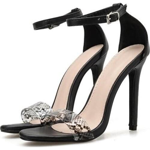 Women sandals PU Buckle Strap 11cm Thin Heels High heels Round Toe Serpentine Mixed Colors sandal for women shoes size 35-42