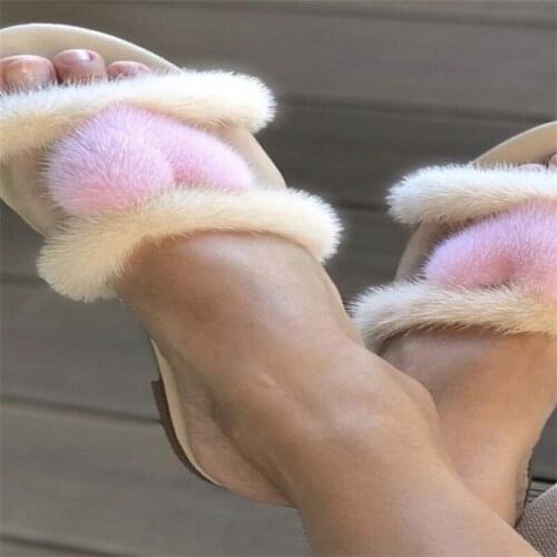 New European Station Ladies Slippers 100% High Quality Mink Slippers Real Mink Slippers Casual Flat Home Shoes Outdoor Slippers