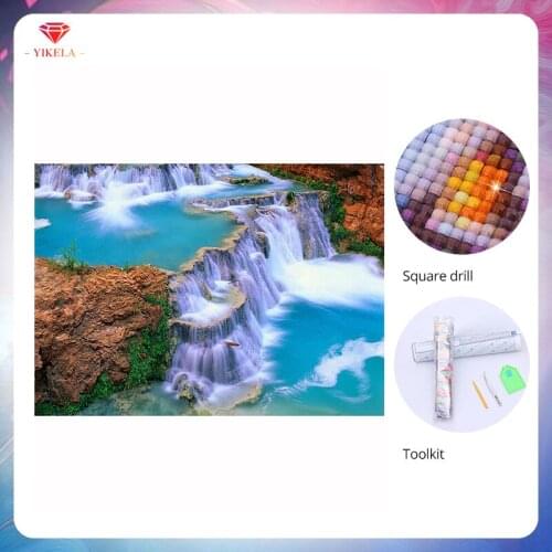 YIKELA DIY Square Drill Waterfall Scenery Diamond Painting 5D Cross Stitch Mosaics Full Cover Embroidery Diamond Accessories Kit