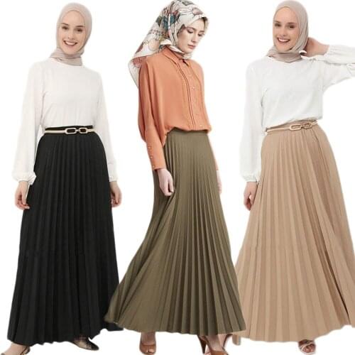 Women High Waist Pleated Maxi Skirt Spring Long Skirts Turkish Dubai Bottoms Islamic Clothing Solid Color A-Line Musulman Jupes