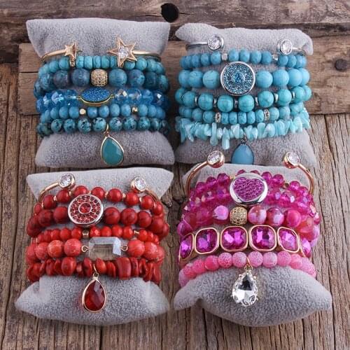 RH Fashion Boho Jewelry Accessory Blue /Red 6pc Stack Bracelet & Bangle Sets For Women Gift
