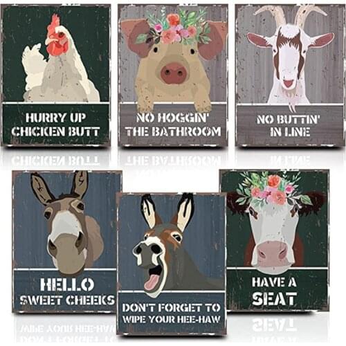 Fun Farm Animal Canvas Painting Retro Style Donkey Pig Chicken Sheep Cow Poster Living Room Wall Art Decoration Painting