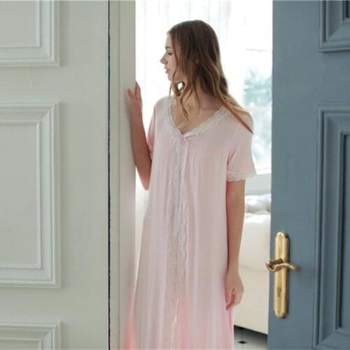 Women Sleepwear Nightgown Long Nightdress Concise Style Sleepwear High Quality Modal Cotton Soft Sleepwear White Pink Nightie