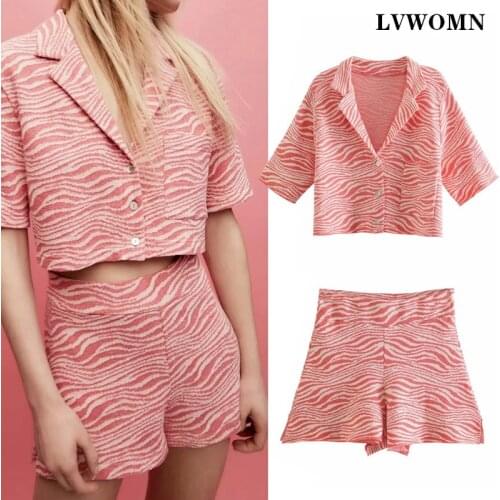 LVWOMN Za Women 2 Piece Set Fashion Jacquard Print Short Top Blouse Women + Chic High-Waisted Shorts Office Casual Women Clothes