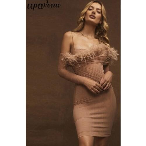 Free Shipping 2021 Womens Feather Bandage Dress Sexy Spaghetti Strap Long Sleeve Tulle Bodycon Draped Dress Club Party Vestidos