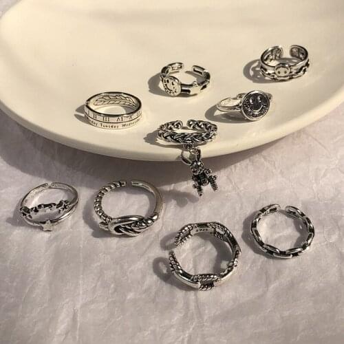 Retro Neutral Multi-layer Smiley Face Wide Ring for Women Antique Silver Color Opening Student Ring Hip-hop Punk Trend New 2020
