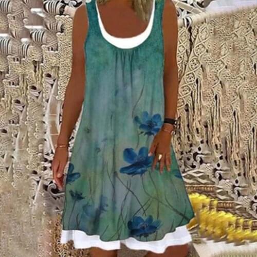 Summer Comfortable to Wear Floral Print Fake Two-piece Women Round Neck Sleeveless Mini Dress for Holiday