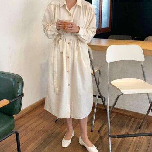 2020 Women Autumn Full Sleeves Elegant Long Shirt Dress Sashes High Waist Turn-down Collar Oversized Midi Dresses